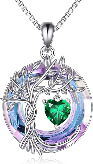 POPLYKE Mothers Day Gifts for Mom Her Wife Tree of Life Necklace 925 Sterling Silver Birthstone Pendant with Crystal Anniversary Birthday Wedding Jewelry for Women
