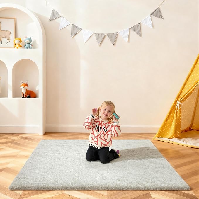Cream White Rugs for Bedroom, 4x6 Fluffy Area Rugs for Living Room, Small Fuzzy Shag Soft Non-Slip Carpet for Kids Girls and Boys Nursery Dorm Indoor Room Home Decor (4ft X 6ft, Cream White)