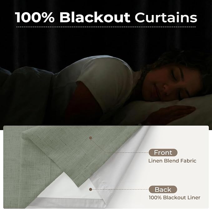 CAPALOCA Pinch Pleated Curtains Blackout, Linen Blackout Curtains 90 inches Long 2 Panels Set for Bedroom, Thermal Insulated Pinch Pleated Drapes for Living Room, 40"W x 90"L (Pack of 2), Light Sage