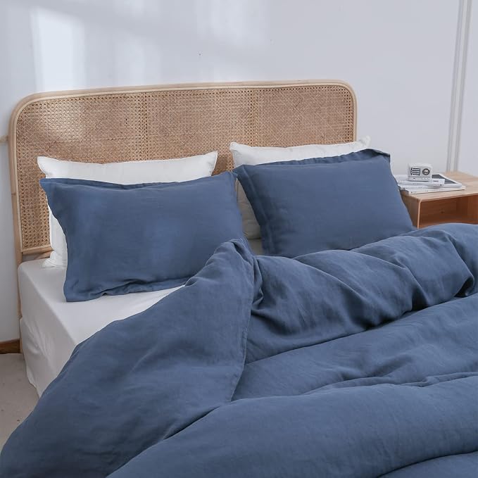 Simple&Opulence 100% Linen Duvet Cover Set 3pcs Basic Style Natural French Washed Flax Solid Color Soft Breathable Farmhouse Bedding with Button Closure - Classic Blue, Full