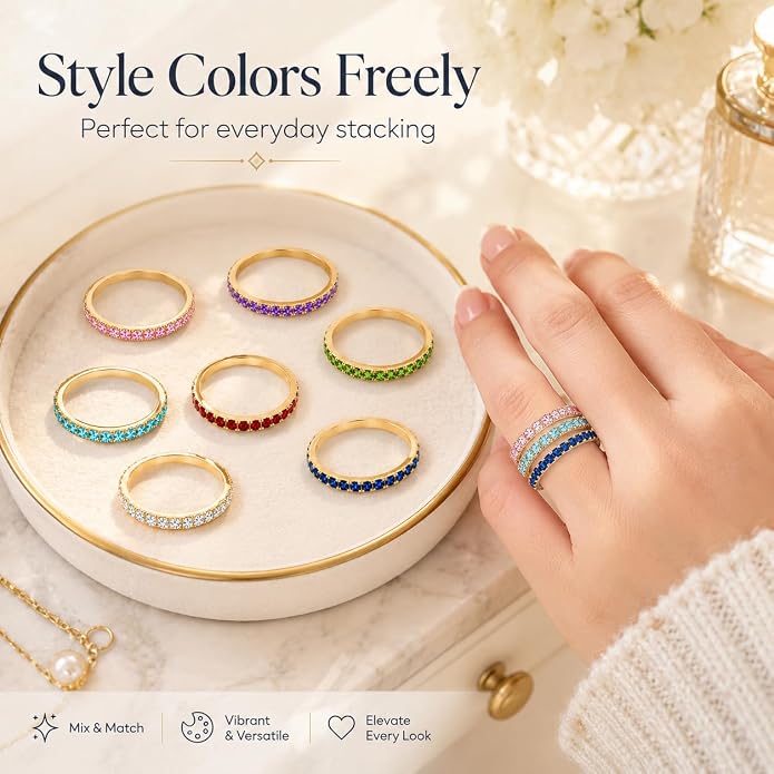 Birthstone Rings For Women, Silver Stackable Cubic Zirconia Stainless Steel Birth Stone Ring To My Daughter/Mom Birthday Unique Gifts Jewelry