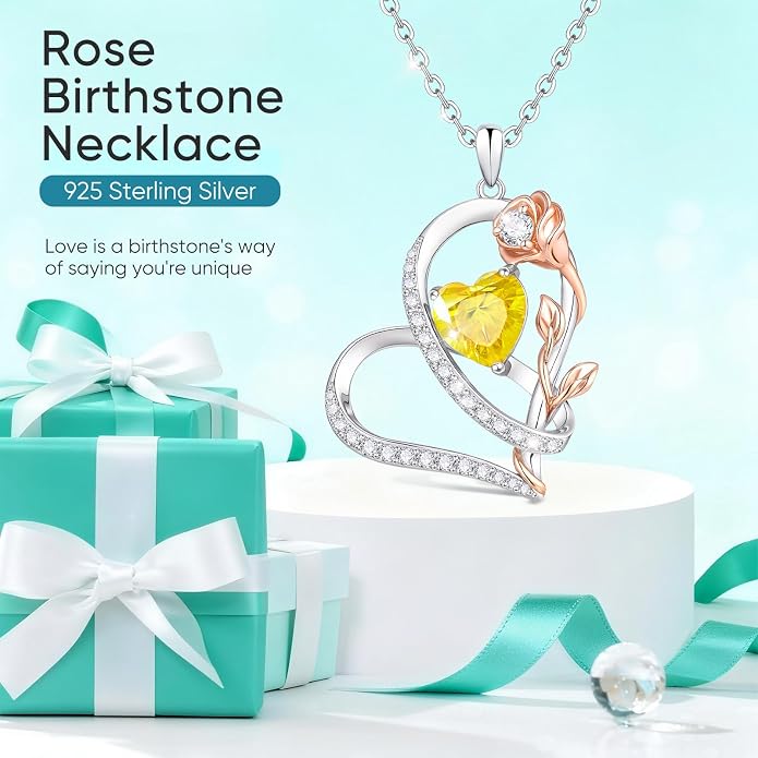 Rose Heart Birthstone Necklace for Women - Dainty 925 Sterling Silver Necklaces for Women Trendy CZ Pendant Necklace Jewelry Birthday Anniversary Christmas Gifts for Girlfriend Mom Lady Daughter