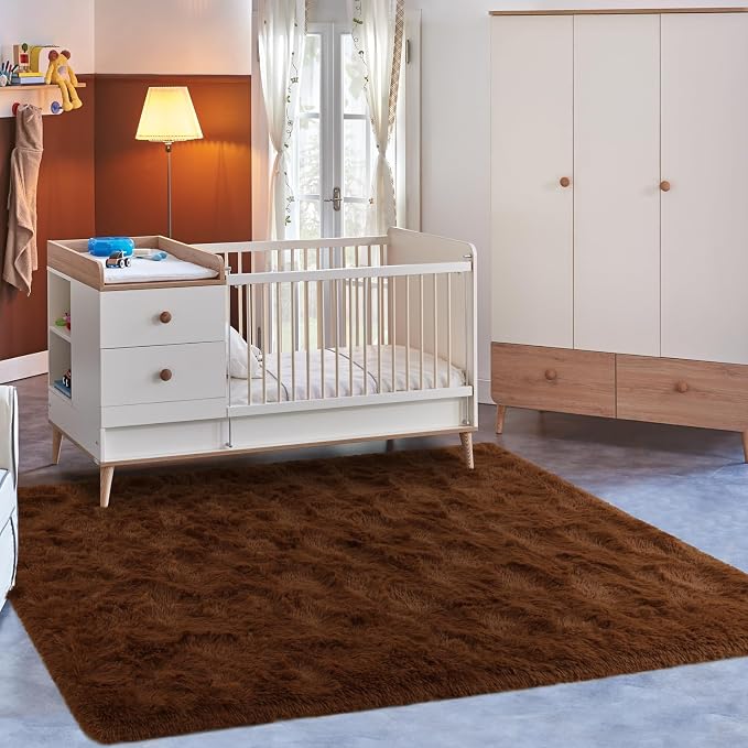 Macgace Fluffy Area Rugs for Bedroom Decor Aesthetic, 3x5 Brown Shag Rug with Non-Slip Dots for Living Room, Furry Plush Mat Washable Fuzzy Carpet Modern Home Decor for Kids Nursery Teens Room