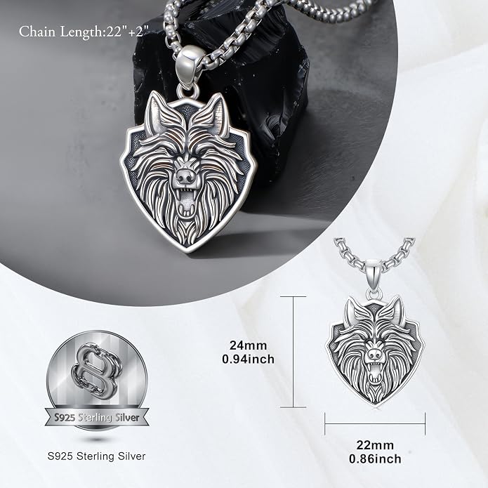 SIMONLY Eagle/Wolf/Skull Necklace for Men 925 Sterling Silver Shield Fish Hook Pendant Amulet Necklace Viking Shield Jewelry Christmas Gifts for Him