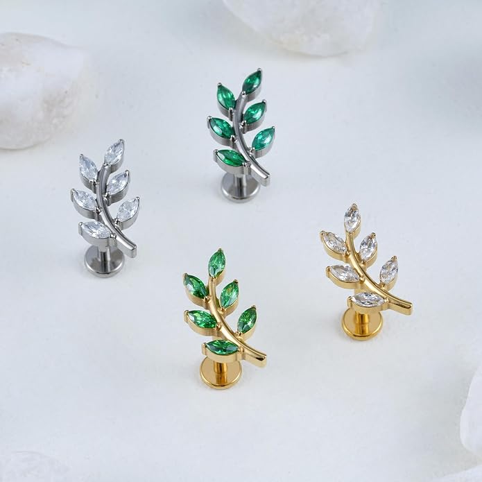 FINE4U 1PC Leaf Flat Back Stud Flat, Helix, Conch, Tragus 6mm 8mm - ASTM F136 Titanium Screw on Body Piercing Jewelry