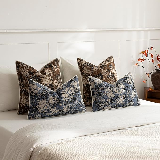 DEZENE Pack of 2 Vintage Floral Euro Sham Covers 24x24 Boho Farmhouse Accents Chenille Square Decorative Throw Pillow Cases for Living Room Couch Bed Home Decor, Dark Brown