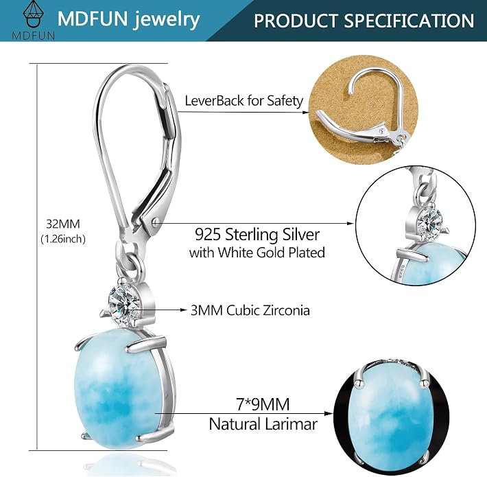MDFUN 925 Sterling Silver Natural Larimar Earrings for Women Hypoallergenic Dangle Drop Blue Gemstone Leverback Jewelry