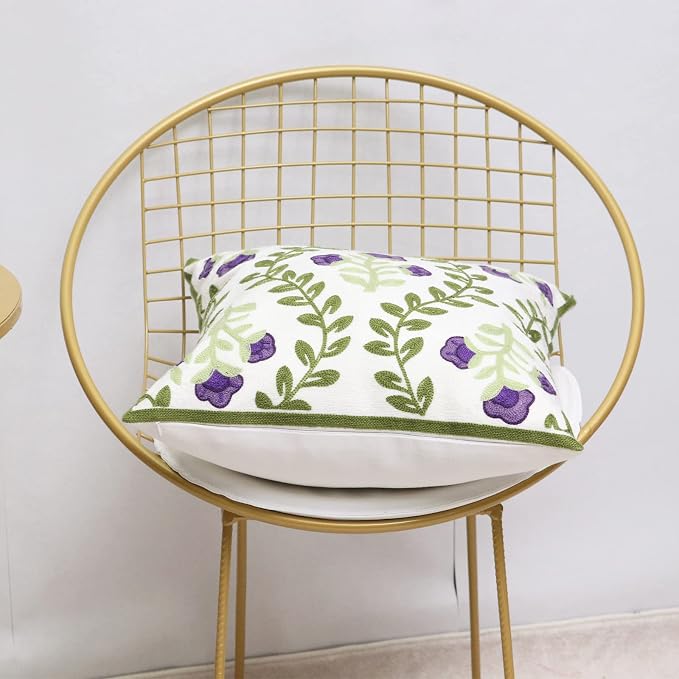 Set of 2 Embroidered Decorative Throw Pillow Covers Couch Square Pillowcases Cushion for Bedroom Sofa Farmhouse Decor 18x18 Inch (Purple Floral)