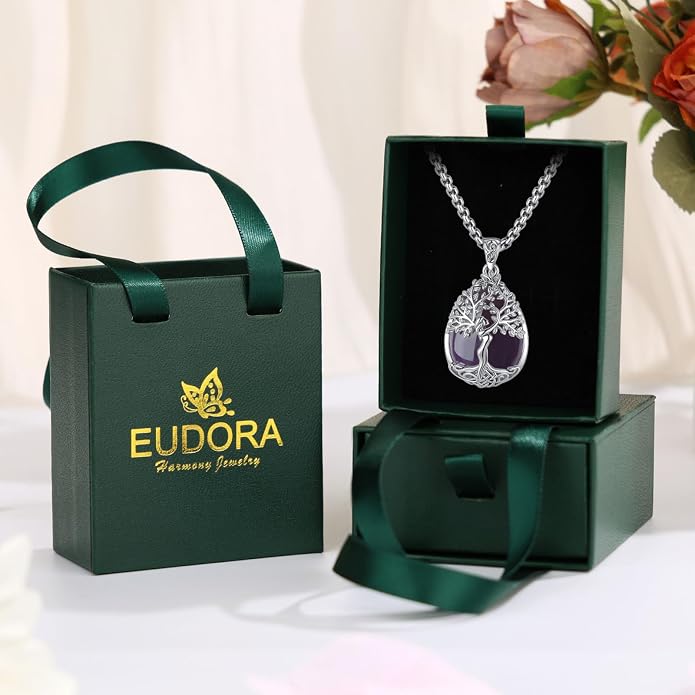 EUDORA Tree of Life Necklace with Moonstone Amethyst Obsidian Turquoise Healing Crystal for Women, Silver Plated Copper Mother Tree of Life Pendant Amulet Energy Jewelry, Gift for Women Mom, 20"+2"