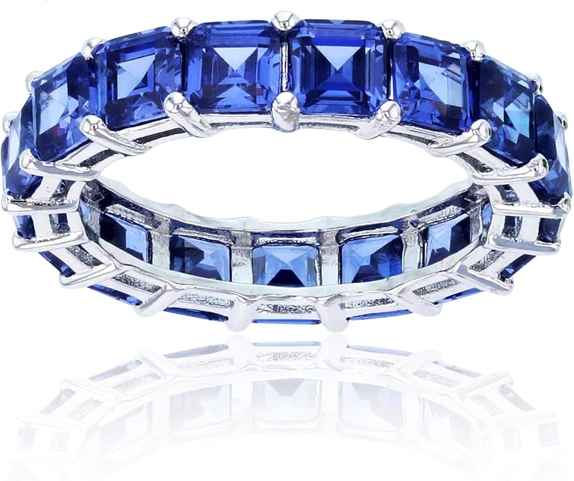 Sterling Silver Rhodium Polished 4mm Multi Color Asscher Princess Cut Cubic Zirconia Eternity Band for Women | AAA Cubic Zirconia Gemstone Engagement Wedding Band Ring | Sizes 5-10