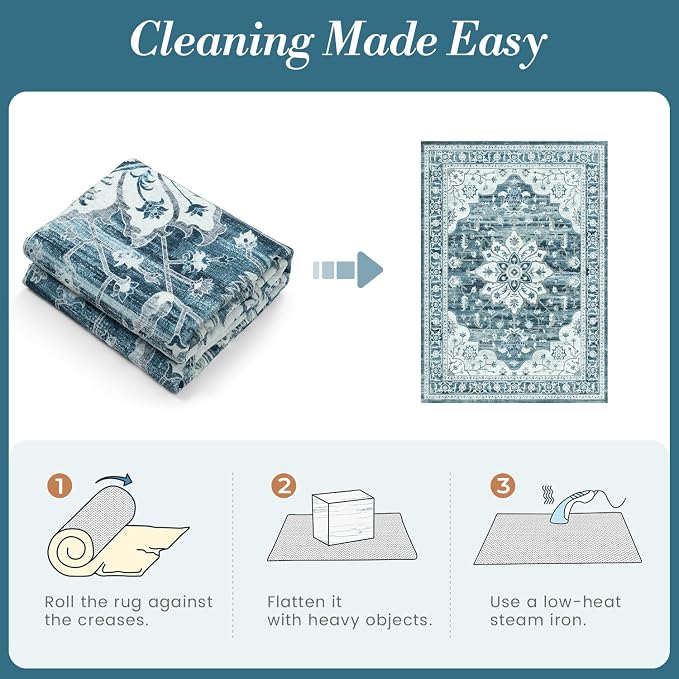 9x12 Coastal Blue White Large Area Rugs for Living Room - Boho Medallion Aesthetic Distressed Washable Rug, Soft Non-Slip Backing Low Pile Carpet for Dining Under Table, Bedroom, Office