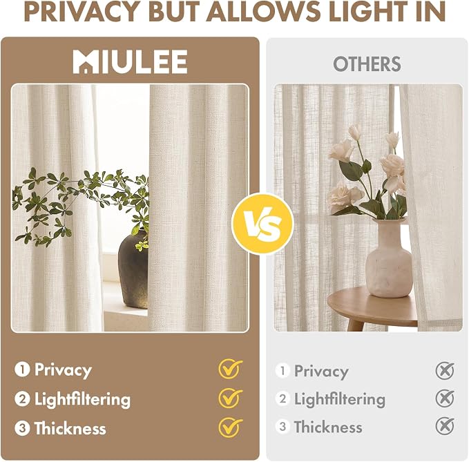MIULEE Thick Linen Curtains, 42Wx90L, Cream Ivory Semi Sheer Linen Textured | Light Filtering Window Privacy Drapes with Back Tab Rod Pocket for Farmhouse/Living Room/Bedroom, Set of 2