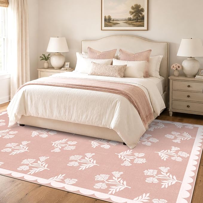 Pink Floral Scalloped Area Rug - 6x9 Washable Boho Bedroom Rug Stain Resistant Dining Room Rugs for Under Table Non Slip Rugs for Living Room Nursery Kids Playroom Dorm Baby Room Home Decor