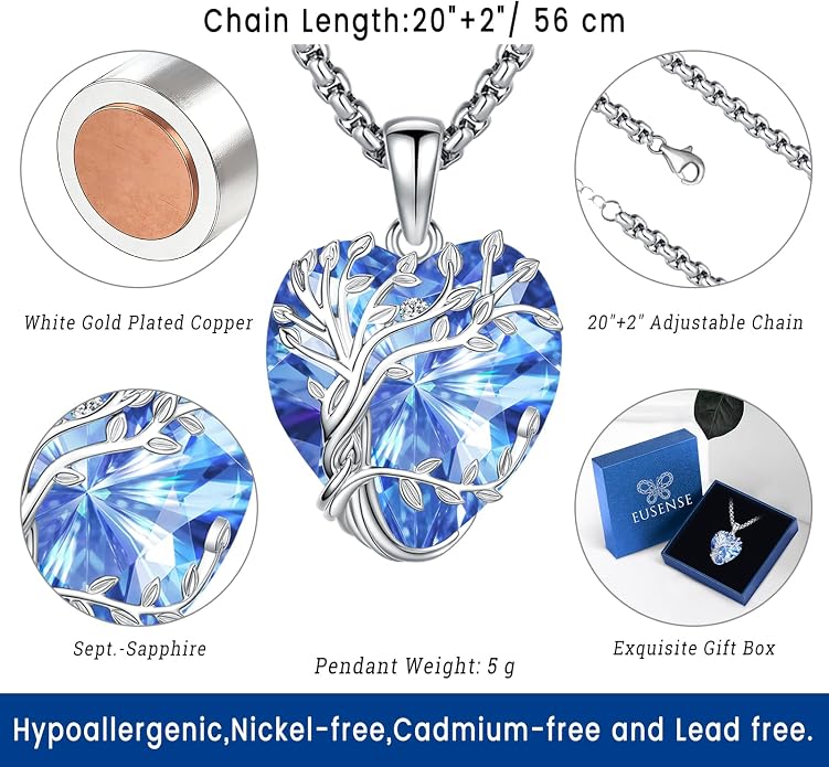 Eusense Tree of Life Necklace for Women White Gold Plated Copper Moonstone/Turquoise/Black Onyx/Crystal Birthstone Pendant Jewelry Gifts for Women Men