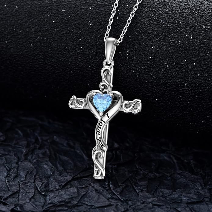 TOUPOP Cross Birthstone Necklace for Women 925 Sterling Silver Heart Cross Pendant I Love You Jewelry Anniversary Birthday Mothers Day Gifts for Mom Wife Her