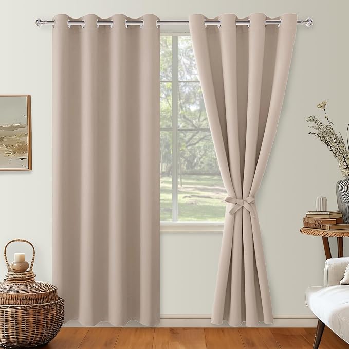 Hiasan Blackout Curtains for Bedroom, 52 x 96 Inches Long - Thermal Insulated & Light Blocking Window Curtains for Living Room/Kids Room, 2 Drape Panels Sewn with Tiebacks, Camel