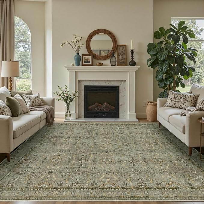 Rugxara 8x10 Area Rugs for Living Room Large Washable Rug, Olive Brown | Non Slip, Rug for Dining Room Bedroom Office Kids Room, Stain Resistant, Soft, Low Pile, Vintage Boho Retro Carpet,Home Decor