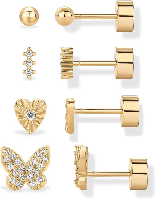 PAVOI 14K Gold Plated Dainty Flat Back Earrings for Women - Hypoallergenic Sterling Silver Posts Helix Cartilage Piercing Jewelry - Emoji Motif Bow Celestial Flatback Gold Stud Earrings Screw Back