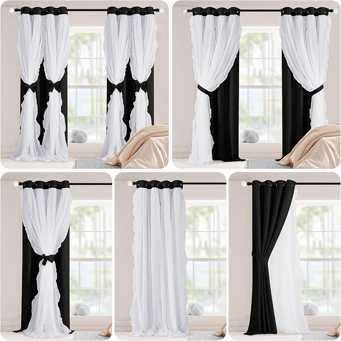 PONY DANCE Blackout Gothic Curtains for Toddle Bedroom Decorative 84 Inches Long, Double Layer Bow Curtain Ruffle White Sheer Overlay, Shabby Chic Decor, W52 x L84 inch, Black, 2 Panels