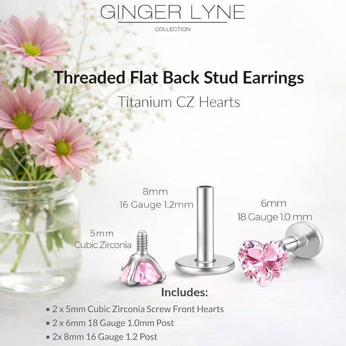 Titanium Heart CZ Labret Stud Earrings for Piercings by Ginger Lyne 6Pc Set G23 Screw Front Flat Back Body Jewelry 2 pair post 6mm, 8mm Cartilage, Helix, Tragus, Lip, Conch, Lobe