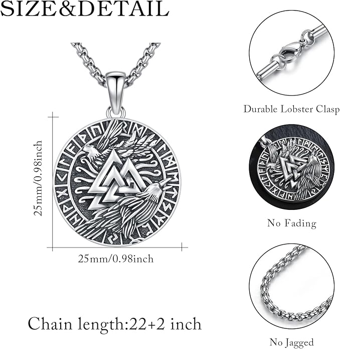 Viking Necklace for Men 925 Sterling Silver Norse Mythology Talisman Jewelry Gifts with 22"+2" Rolo Chain