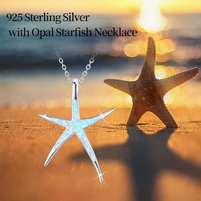 Cuoka Starfish Necklace, 925 Sterling Silver with Opal, Hawaiian Beach Nautical Ocean Pendant, Starfish Jewelry Opal Jewelry Valentine for Women Girlfriend