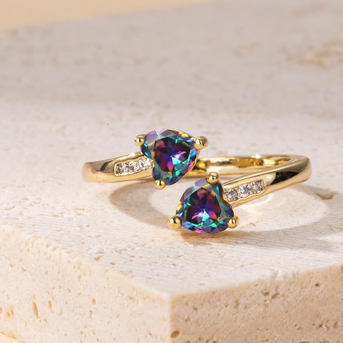 Yaresul 1CT Adjustable Women Heart Ring 14K Gold Plated Birthstone Rings for Women Promise Ring for her Simulated Gemstone Statement Stackable Band Width 2mm Open Size 5~9