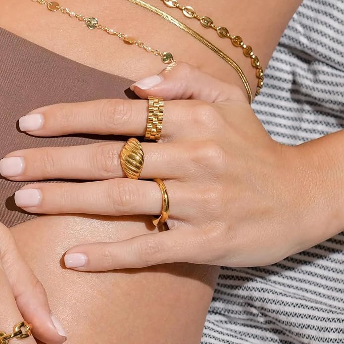 Gold Silver Rings Set for Women Chunky Statement Rings ZC Dome Evil Eye Croissant ring Thick 18K Gold Plated Band Rings