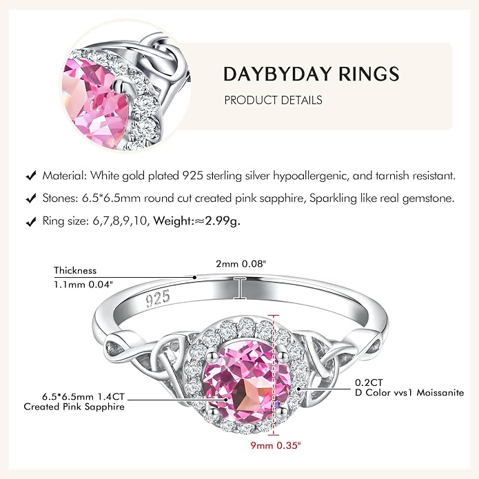 DAYBYDAY Celtic Birthstone Rings for Women 925 Sterling Silver Heart/Round/Pear/Oval Created Gemstone Moissanite Halo Engagement Promise Rings for Her Wife Birthday Anniversary Wedding Jewelry