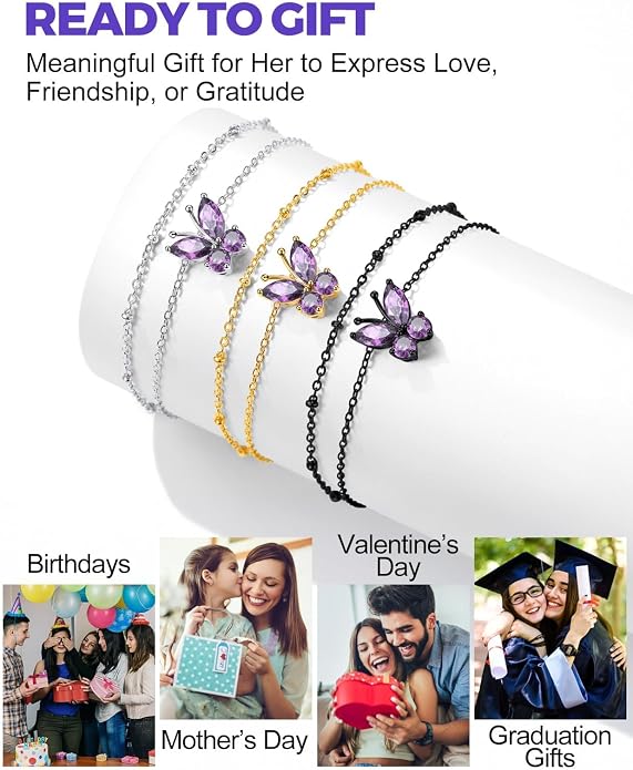 Richsteel Double Layer Heart/Butterfly Birthstone Anklet for Women Non Tarnish Waterproof, Silver/Gold/Black Stainless Steel 8.5-10.5 Inch Adjustable Chain Anklets Jewelry Gifts for Her