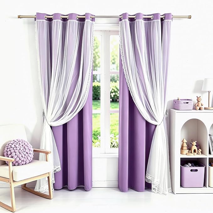 2 Panels Purple Blackout Curtains 52x84 Inches- Double Layer Lace Grommet for Bedroom, Nursery, Kids Room