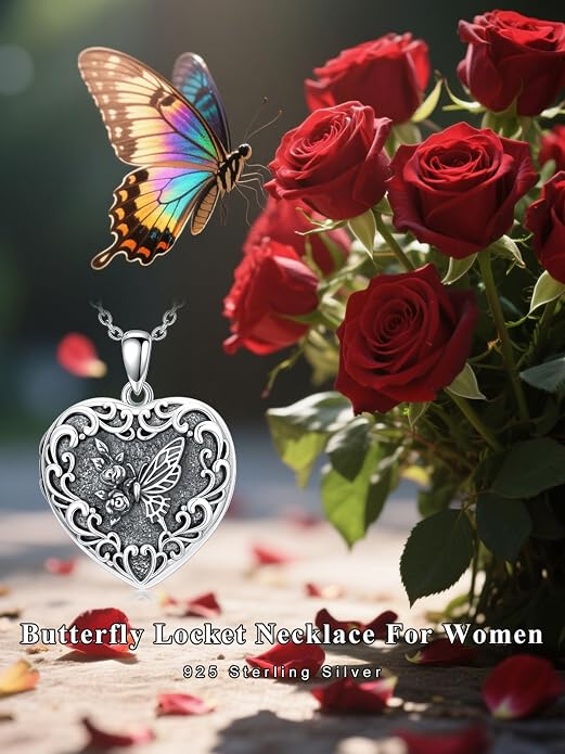 Locket Pendant Necklace for Women, 925 Sterling Silver Dainty Photo Necklace, Christmas Valentine's Day Mother's Day Memorial Jewelry Gifts (With Gift box)
