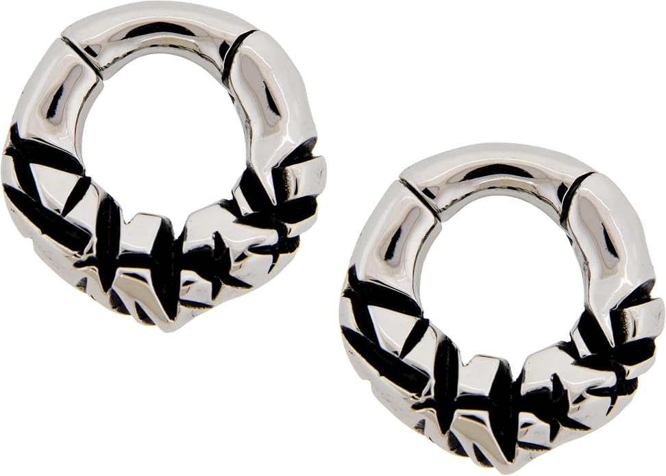 6GA 316L Stainless Steel Crinkled Texture Design Hinged Clicker Rings for Stretched Piercings, Sold as a Pair