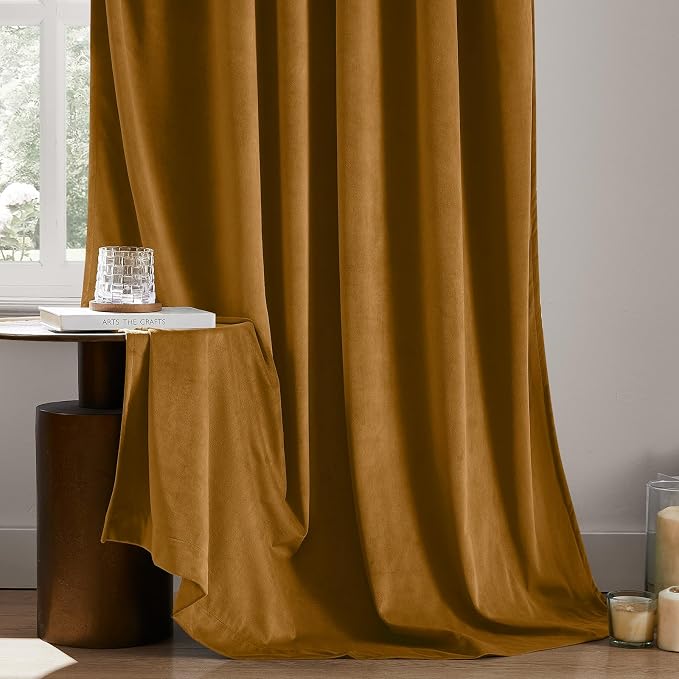 HOMEIDEAS 100% Blackout Gold Velvet Curtains, Thermal Insulated Luxury Vintage Winter Christmas Velvet Drapes for Bedroom, Living Room, Home Decor, 52 x 96 Inch, 2 Panels