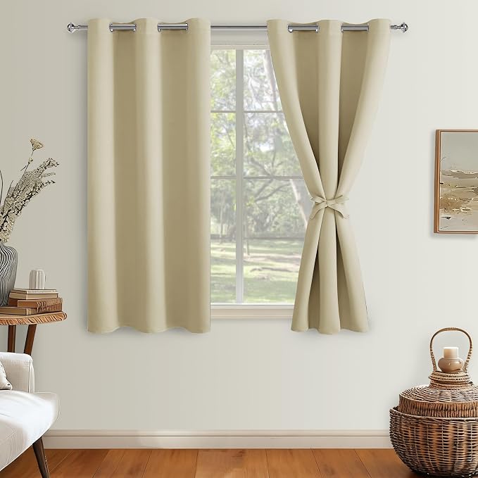 Hiasan Blackout Curtains for Bedroom - Thermal Insulated & Light Blocking Window Curtains for Living Room, 2 Drape Panels Sewn with Tiebacks, Light Beige, 42 x 54 Inch