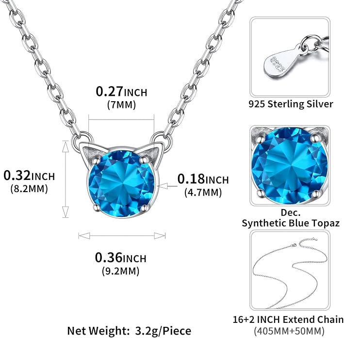 ChicSilver Bow and Cat Birthstone Necklace, 925 Sterling Silver Pendant Necklaces for Women, Hypoallergenic Silver Choker with 16 inch Rolo Chain, 12 Months Jewelry for Valentines Mothers Day Christmas