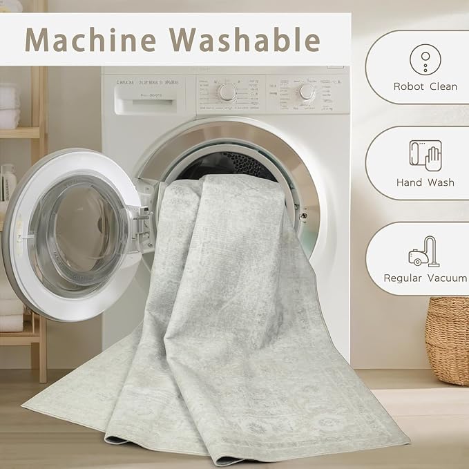 Srugn Washable Rugs 5x7 Area Rugs for Living Room,Bedroom,Large Carpets,Ultra Soft Faux Wool Retro Dining Room Rug,Non Slip&Non-Shedding Low Pile Vintage Rugs for Home Office,Concrete Grey
