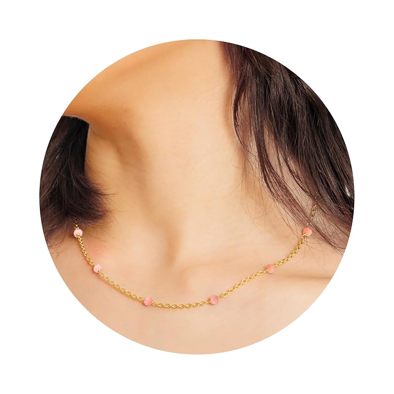 Pink Opal Necklace for Women, Premium Beaded Gold Necklaces - Tarnish Free 18K Gold Vermeil Certified S925 Classic Statement Necklace Gold Jewelry for Women - Mothers Day Gifts for Mom Wife