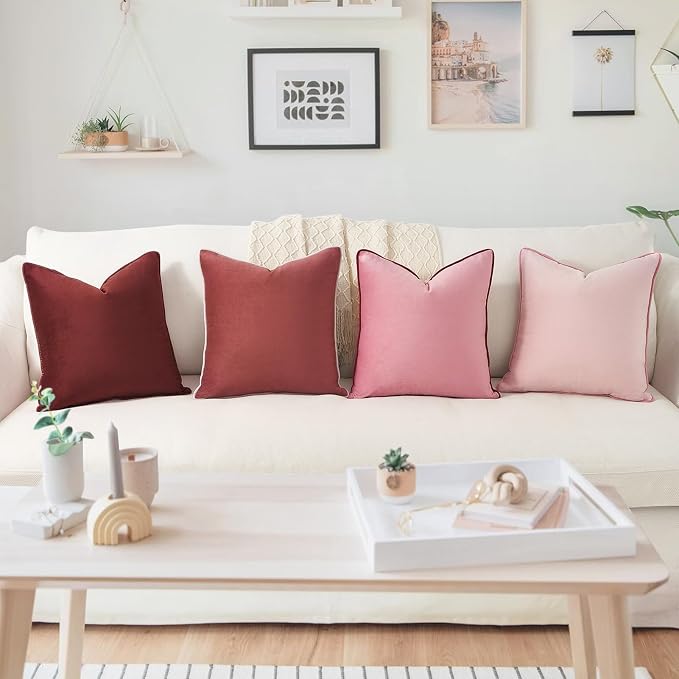 MONDAY MOOSE Decorative Throw Pillow Covers Cushion Cases, Set of 4 Soft Velvet Modern Double-Sided Designs, Mix and Match, Pillow Inserts Not Included (20x20 inch, Pink/Dark Pink)