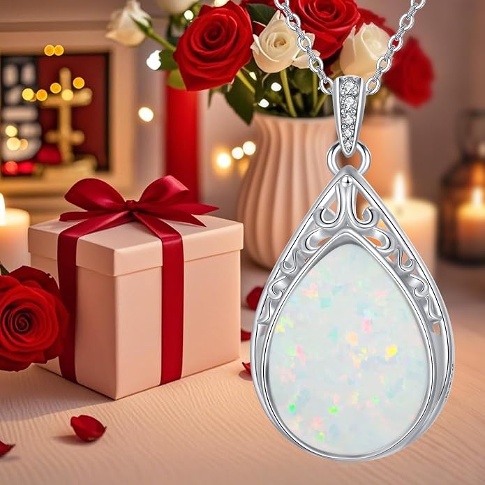 HPQQ Teardrop Necklace 925 Sterling Silver Filigree Gemstone Pendant Necklace Fine Jewelry Birthday Mother's Day Gifts for Women Her Mom