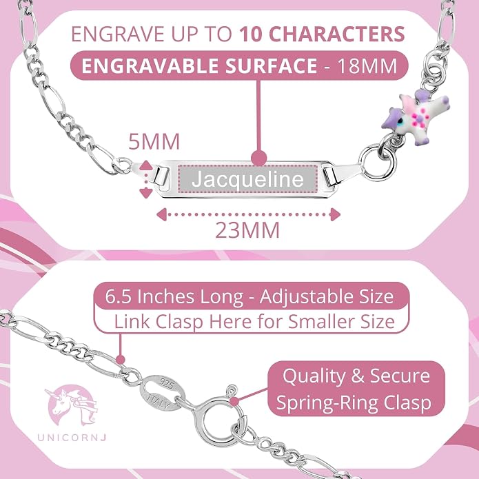 UNICORNJ 925 Italy Sterling Silver Child or Baby Name Bracelet Girls Boys, Personalized Engraved Kids ID Bracelets, 6.5" Figaro Chain, Enamel Charm Newborn Infant Toddler Kid Jewelry