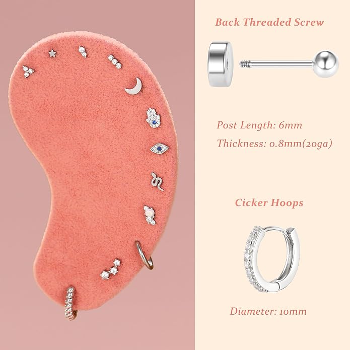 KRFY 25Pcs/17 Pairs Hypoallergenic Surgical Steel Earrings for Sensitive Ears 14K Gold Plated Flat Back Cartilage Earrings for Women Men Screw Back Flatback Stud Hoop Earring Set for Multiple Piercing