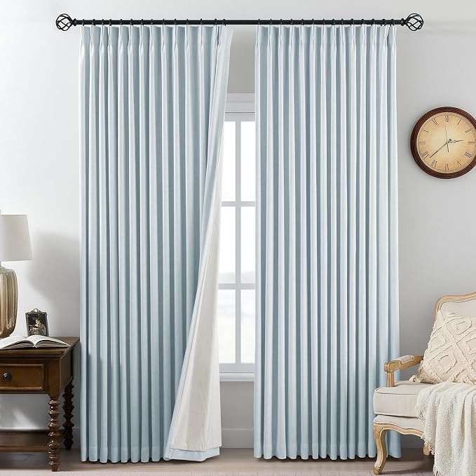 AUSSPVOCT Pinch Pleated Curtains 100% Blackout Linen Curtains 90 Inches Long for Bedroom Living Room, Blue Memory Trained Thermal Insulated Room Darkening Window Drapes with Hooks 2 Panels 40" Wx90 L