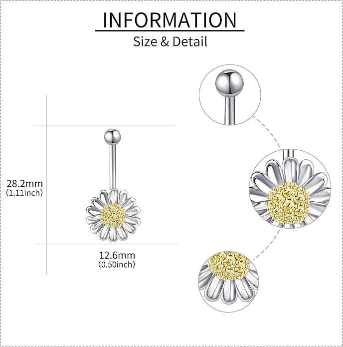 Sunflower Daisy Belly Button Ring Dangle Hoop 925 Sterling Silver Hypoallergenic Belly Button Piercing Body Navel Rings Sexy Belly Button Jewelry Gifts for Women (14G)