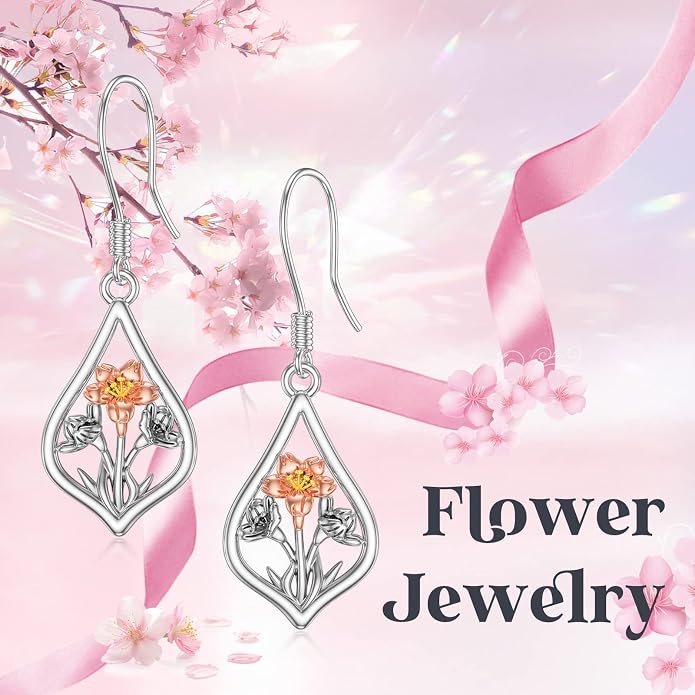WINNICACA Sterling Silver Dangle Drop Earrings for Women Mom Flower Leverback Earrings Jewelry Christmas Anniversary Birthday Gifts