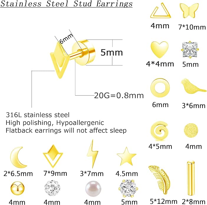 MJust 18 Pairs Women‘s Hypoallergenic Flat Back Stud Earrings, 20g Stainless Steel Earrings Sets for Men, Tiny Unisex Screw Back Cartilage Earrings.
