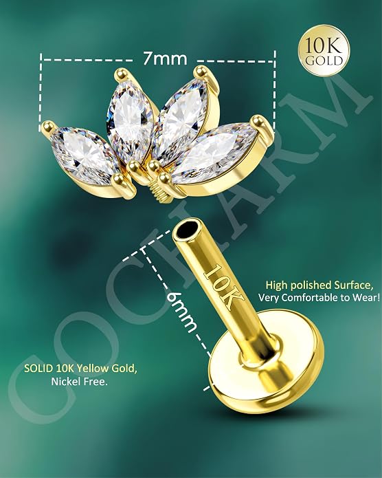 COCHARM 10K Gold Flower Helix/Cartilage Earring Stud 16g Flat Back Yellow Gold Cartilage Piercing Jewelry Real Gold Conch Stud Earring Hypoallergenic for Sensitive Ears