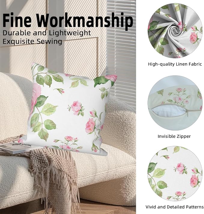 Pink Roses Throw Pillow Covers Blooming Floral Set of 4 Vintage Countryside Small Flower Green Leaves Linen Square Pillowcases for Couch Sofa Bedroom Patio Farmhouse Chair 16x16 Inch