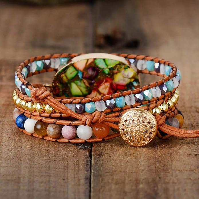 Women Wrap Bracelet Boho Natural Jasper Crystal Stone Beads Strand Bracelets