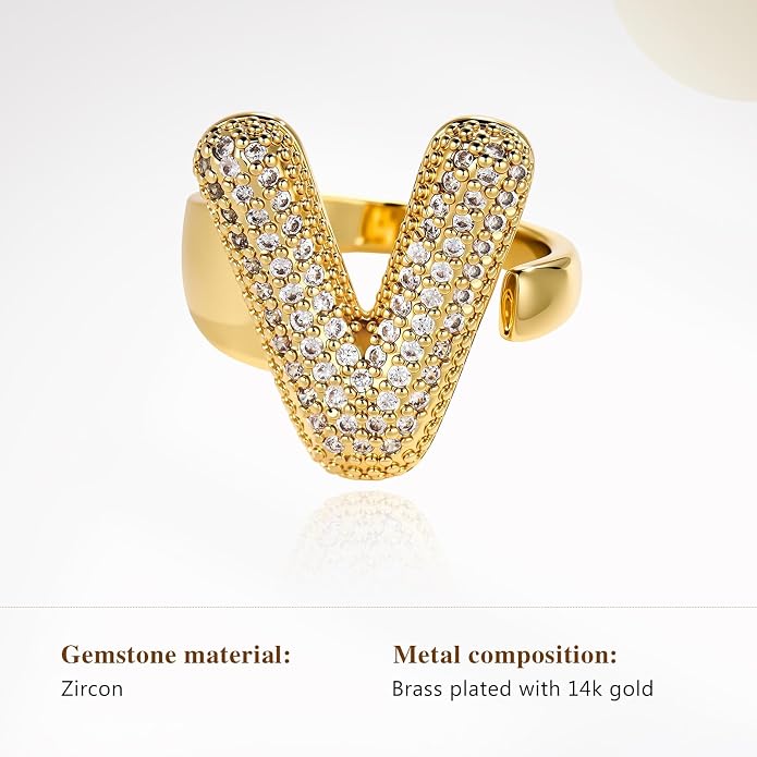 Cicy Bell Initial Rings for Women 14k Gold Plated Cubic Zirconia Delicate Letter Chunky Statement Open Rings Gifts for Her
